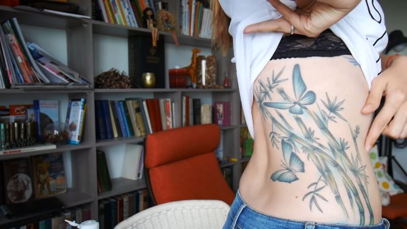 Продолжение татуировки с хамелеоном - бамбук и бабочки